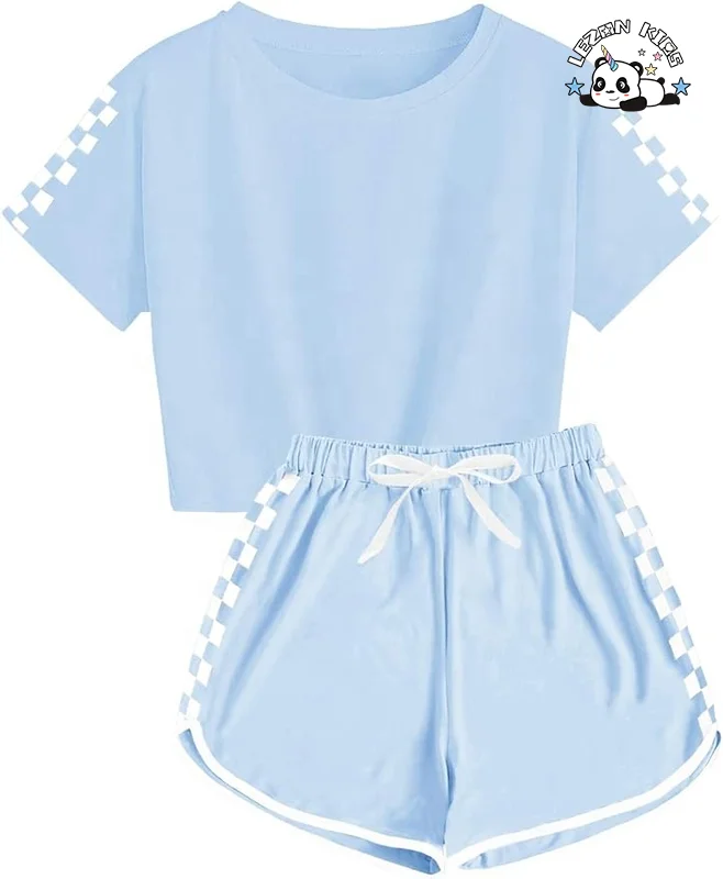 LEZONKIDS - Novo Estilo de Conjunto de 2 Peças para Meninas com Camisa de Manga Curta Xadrez e Shorts